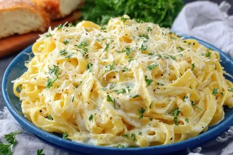 Creamy Cottage Cheese Alfredo Sauce over pasta with herbs and spices