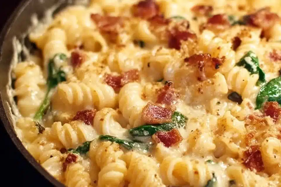 A delicious bowl of Tuscan Mac & Cheese topped with fresh herbs and cheese.