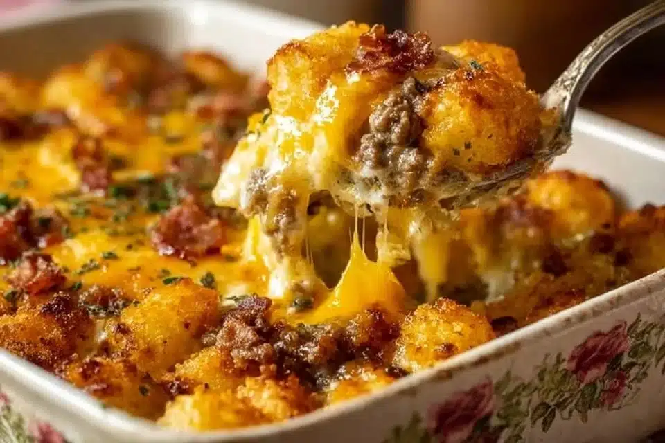 Delicious Crack Breakfast Casserole topped with cheese and herbs
