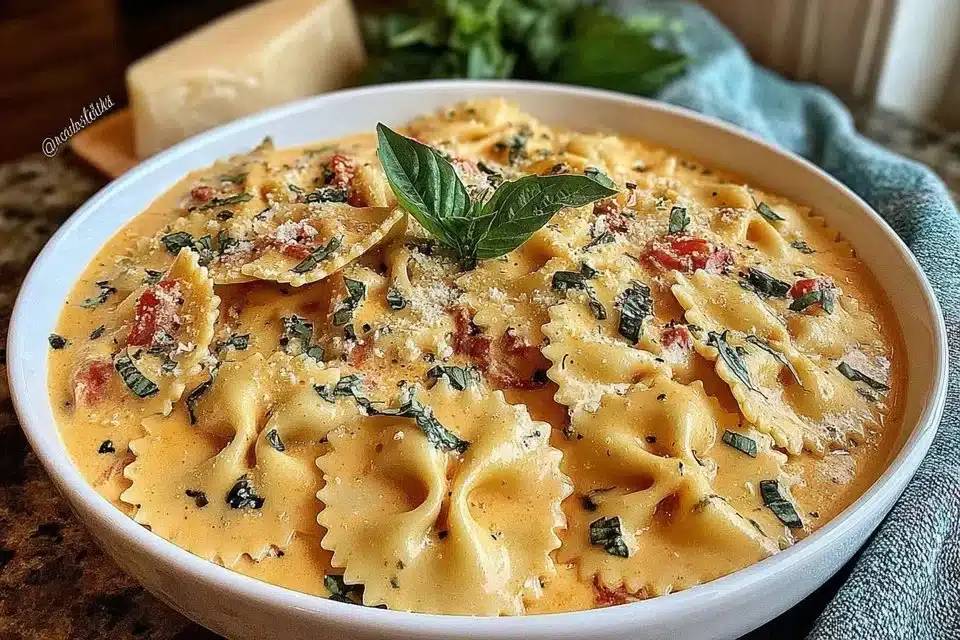 Bowl of creamy Alfredo Lasagna Soup garnished with herbs