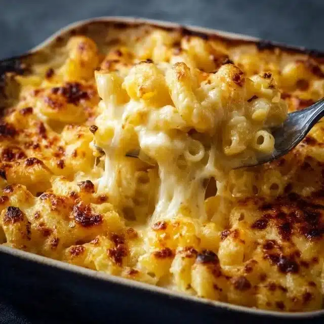 Creamy baked mac and cheese topped with golden breadcrumbs