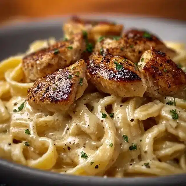 Creamy Cajun chicken pasta garnished with herbs and spices in a bowl.