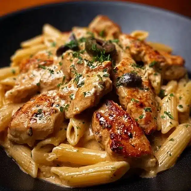 A bowl of creamy Cajun chicken pasta garnished with herbs and spices