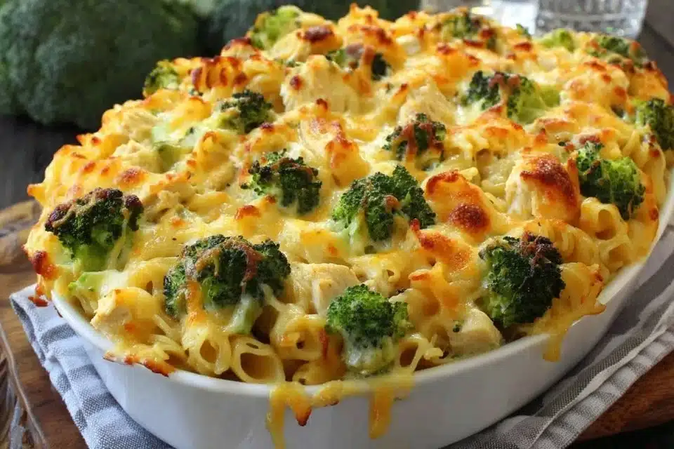 Creamy Chicken Alfredo Bake with Broccoli in a casserole dish
