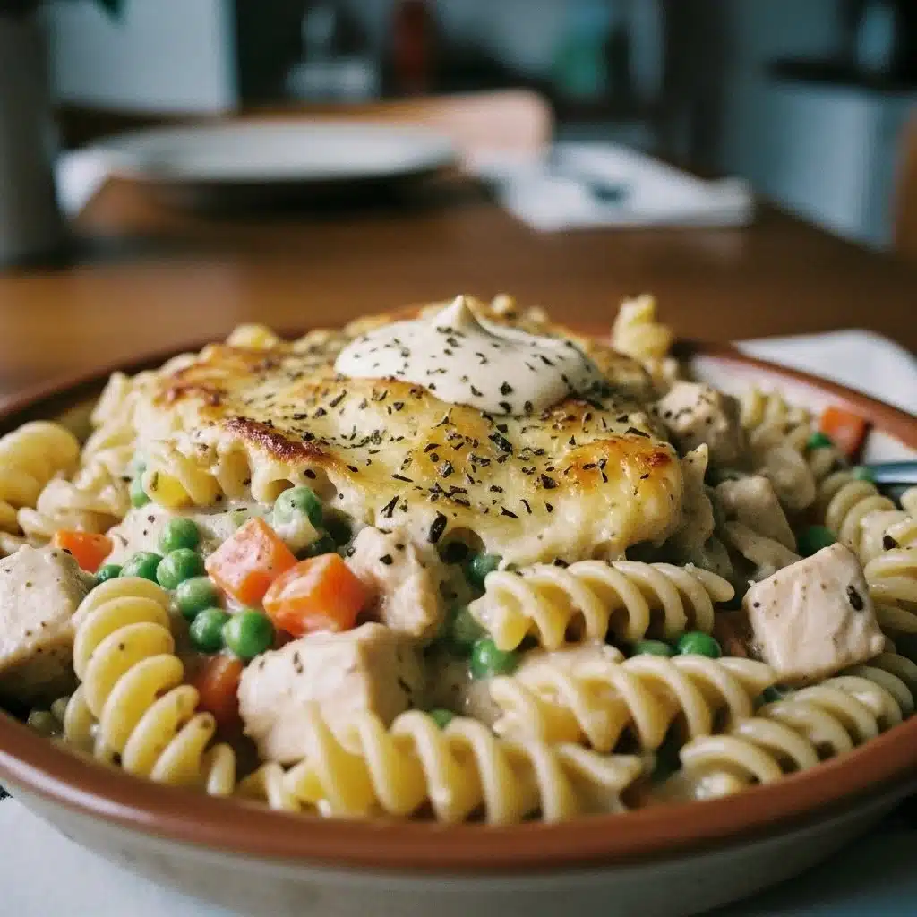 Creamy Chicken Pot Pie Pasta in a bowl garnished with herbs