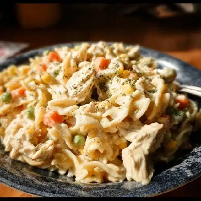 Creamy chicken pot pie pasta dish served in a bowl with herbs and spices