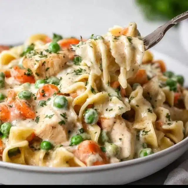 Creamy chicken pot pie pasta served in a bowl garnished with herbs