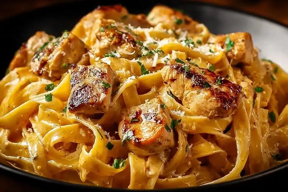 Creamy Cowboy Chicken Linguine topped with parsley and cheese in a bowl.