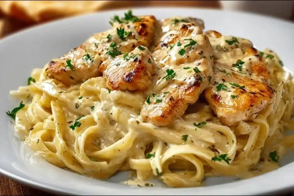 Creamy cowboy chicken linguine served on a rustic plate with golden mushrooms, shredded chicken, and fresh parsley.