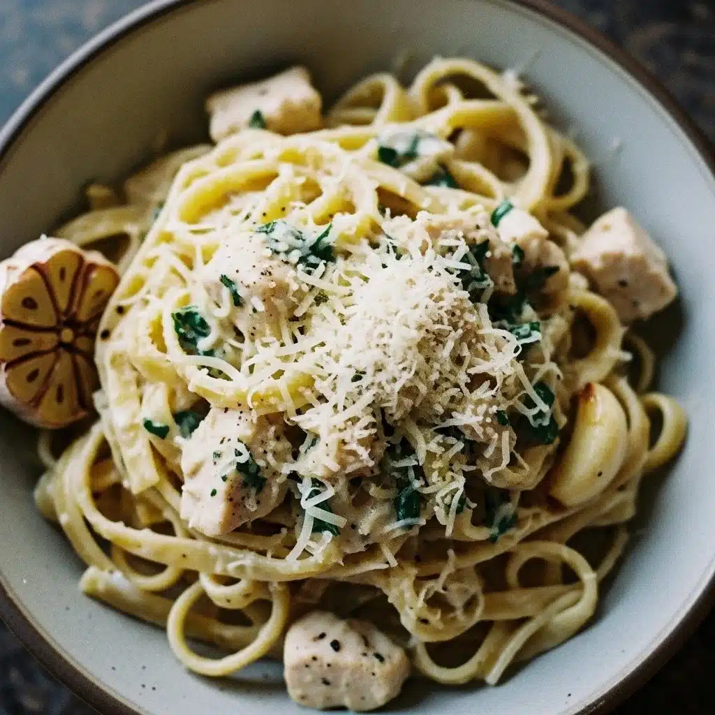 Creamy garlic parmesan chicken pasta served in a bowl with fresh parsley.