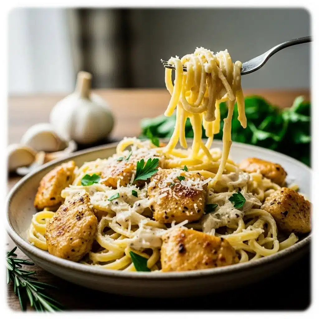 Creamy Garlic Parmesan Chicken Pasta in a bowl with fresh herbs on top
