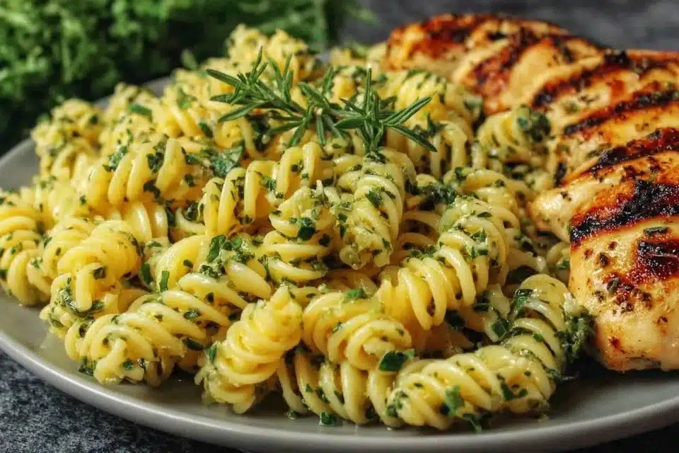 Creamy Garlic Parmesan Chicken Pasta served in a bowl with fresh herbs