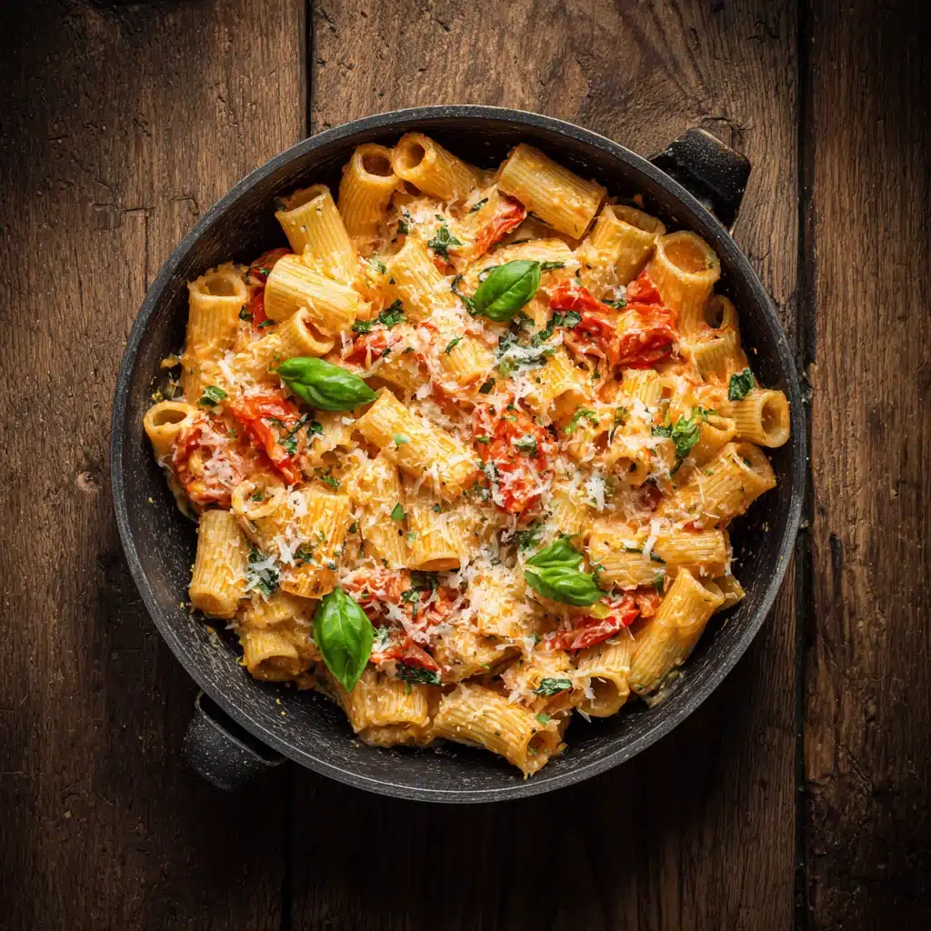 Rustic pan of creamy garlic tomato pasta with basil and parmesan
