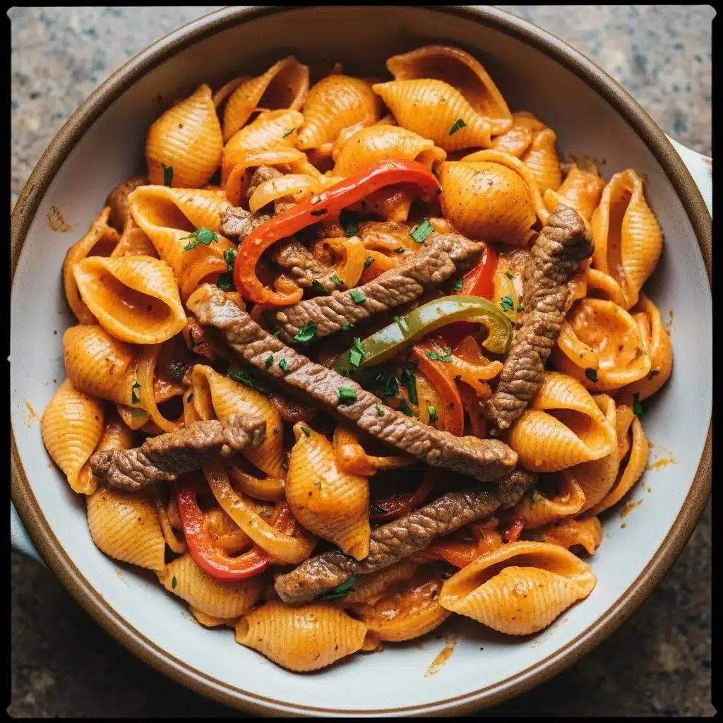 Creamy paprika steak shells served on a plate with garnish