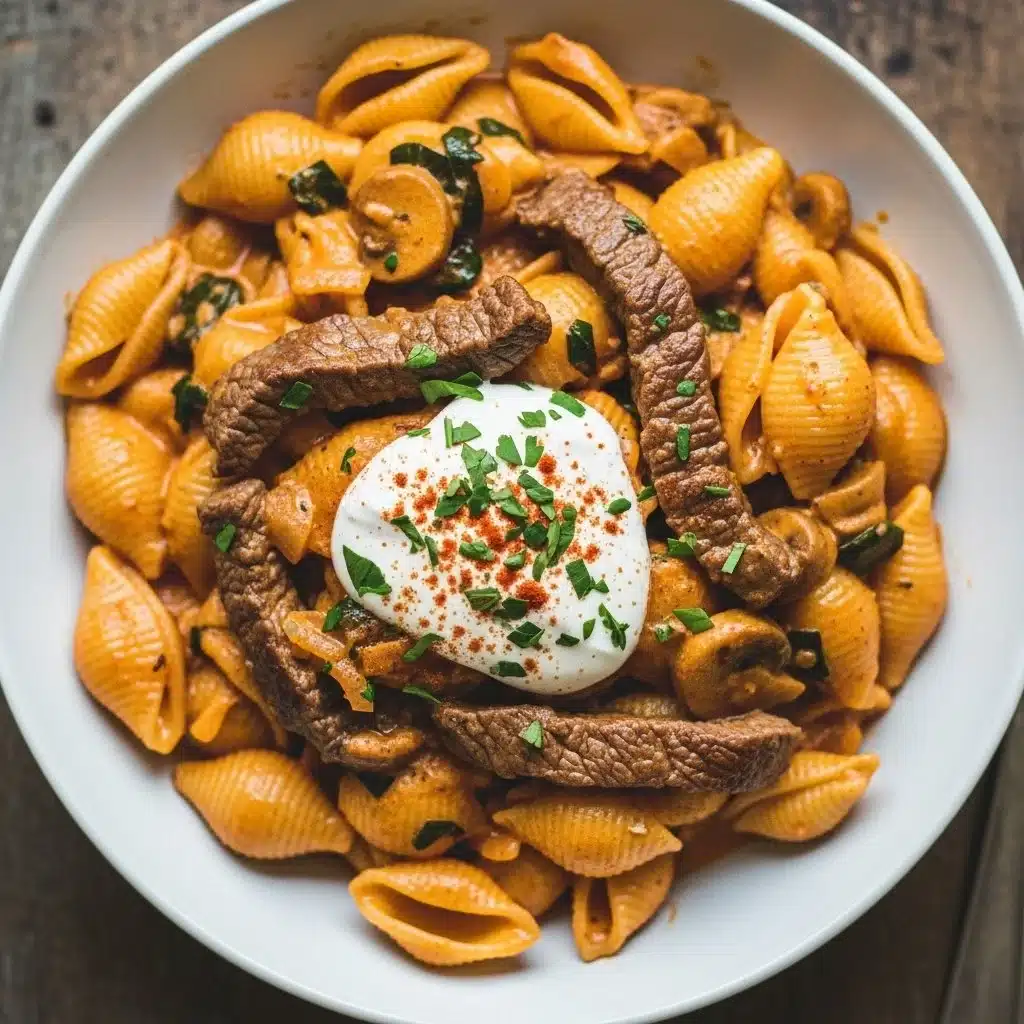 Creamy paprika steak shells served in a bowl, garnished with herbs.