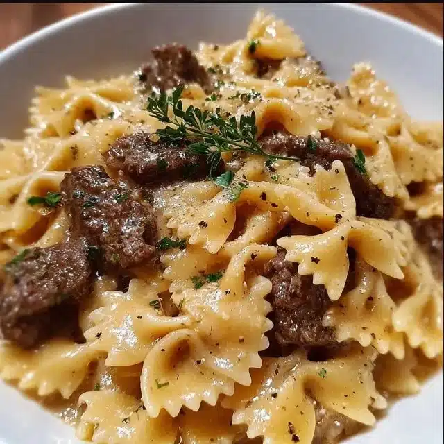 Creamy Parmesan Garlic Beef Bowtie Pasta