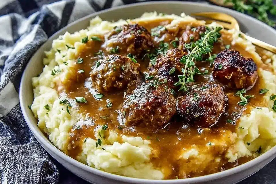 Creamy roasted garlic mashed potatoes with savory sausage gravy in a bowl.