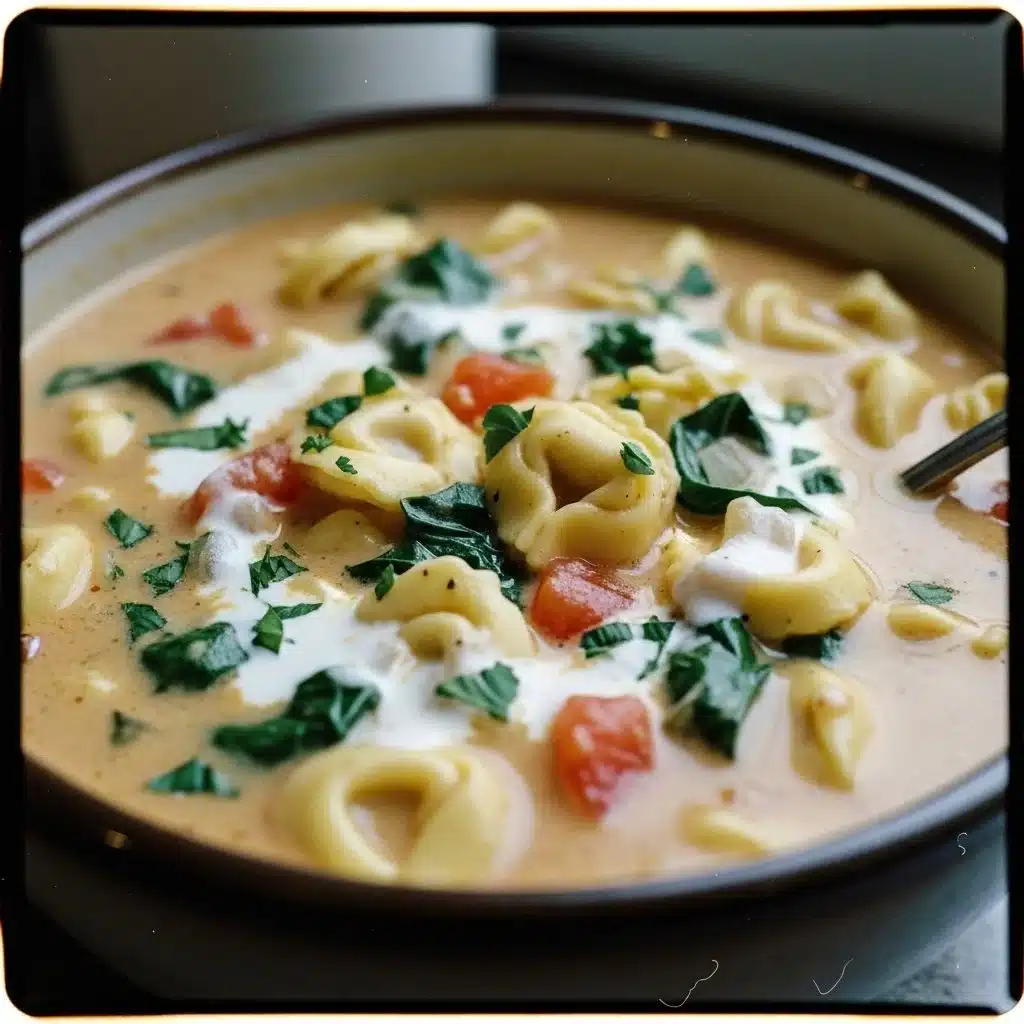 Bowl of creamy tortellini soup topped with herbs
