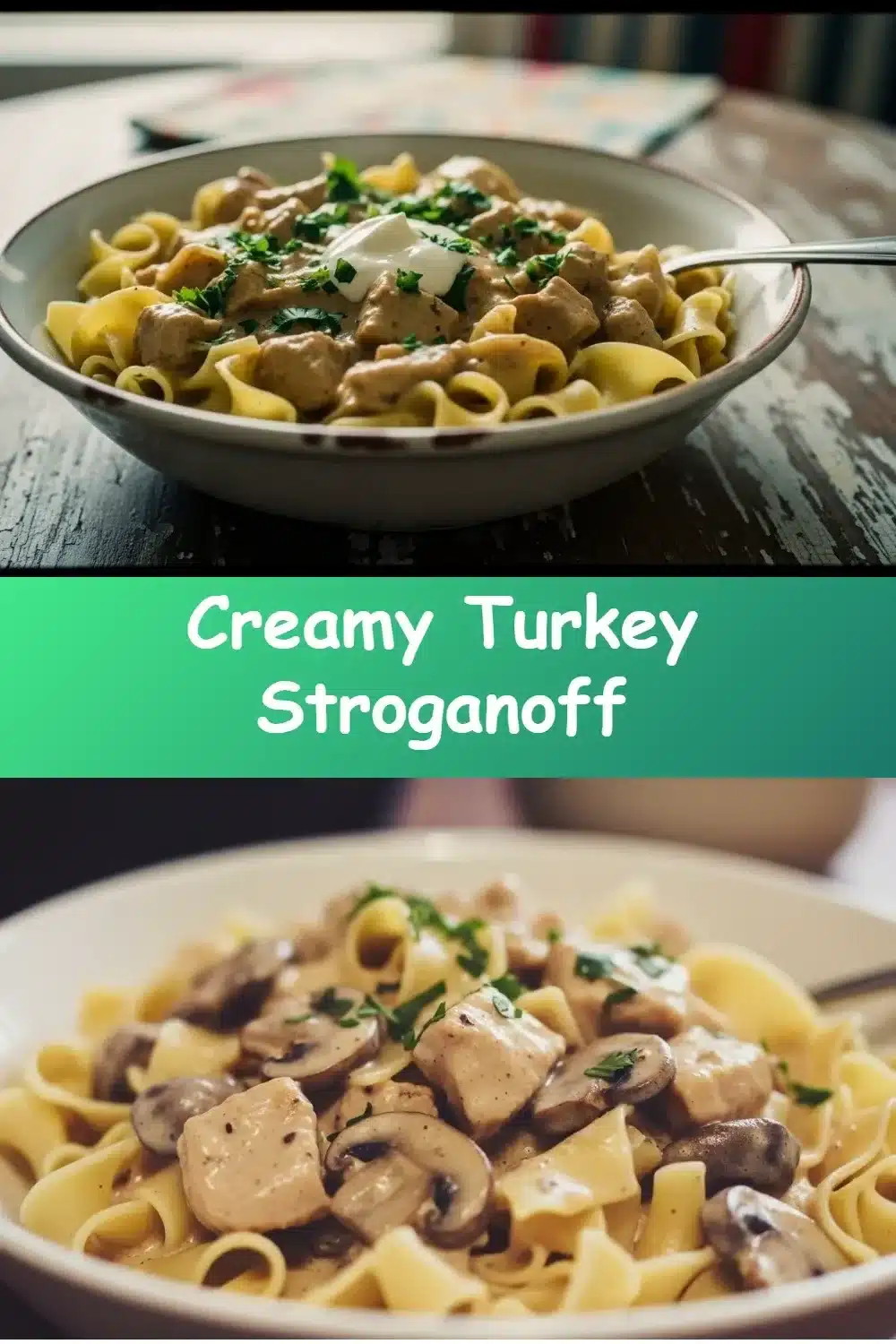 Creamy Turkey Stroganoff in a ceramic bowl
