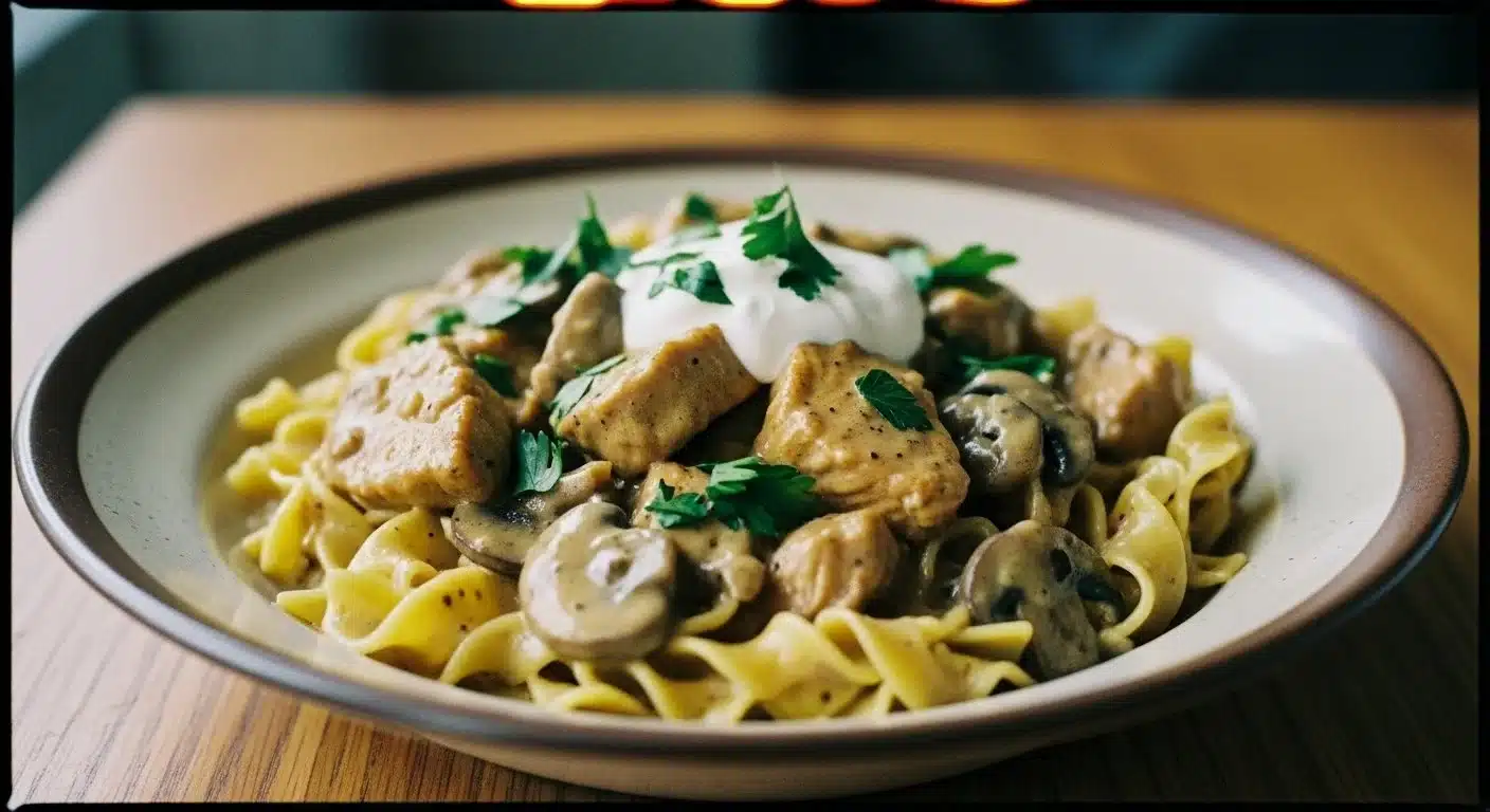 Creamy Turkey Tetrazzini dish served in a bowl with herbs on top.