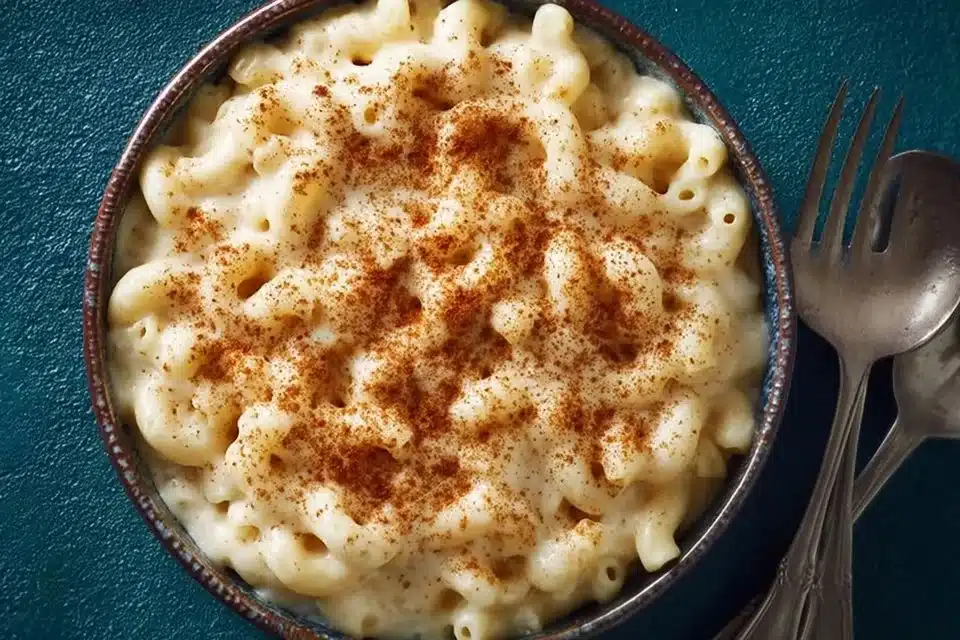 Creamy white cheddar mac and cheese topped with breadcrumbs and herbs