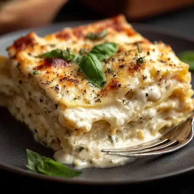 White Lasagna creamy baked with golden cheese