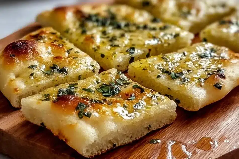 Crispy air fryer garlic flatbread served with dipping sauce