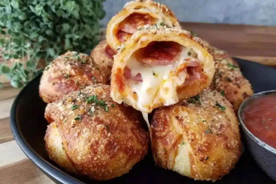 Delicious crispy air fryer pizza rolls ready to enjoy as a tasty snack