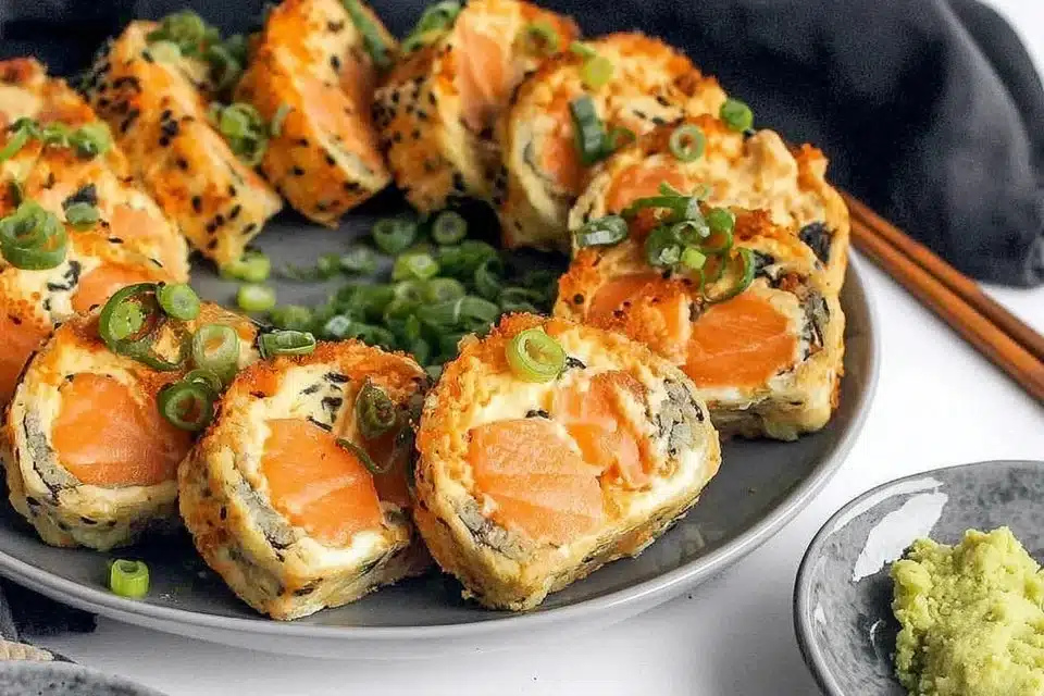 Crispy baked salmon sushi cups garnished with avocado and sesame seeds.