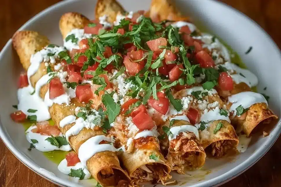 Crispy Mexican Chicken Flautas served with salsa and garnishes.