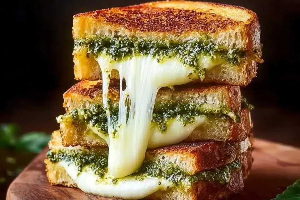 Crispy sourdough pesto grilled cheese sandwich on a plate