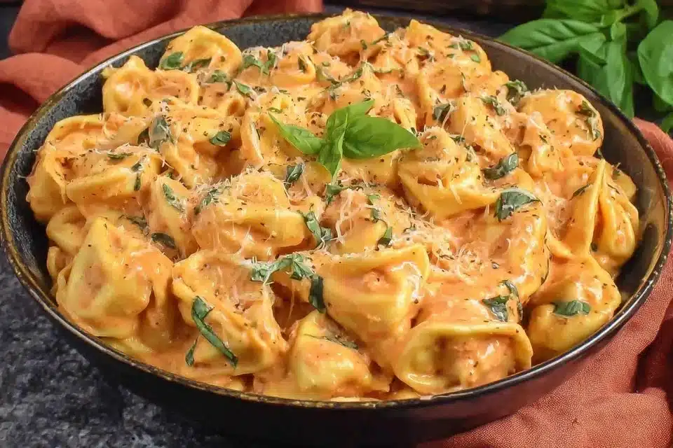 Creamy CrockPot Chicken Tortellini in rustic bowl