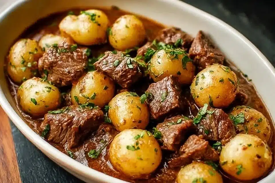 Crockpot garlic butter beef bites served with potatoes in a rustic dish