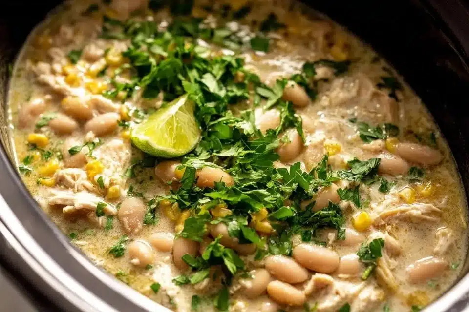 Crockpot White Chicken Chili served in a bowl with toppings