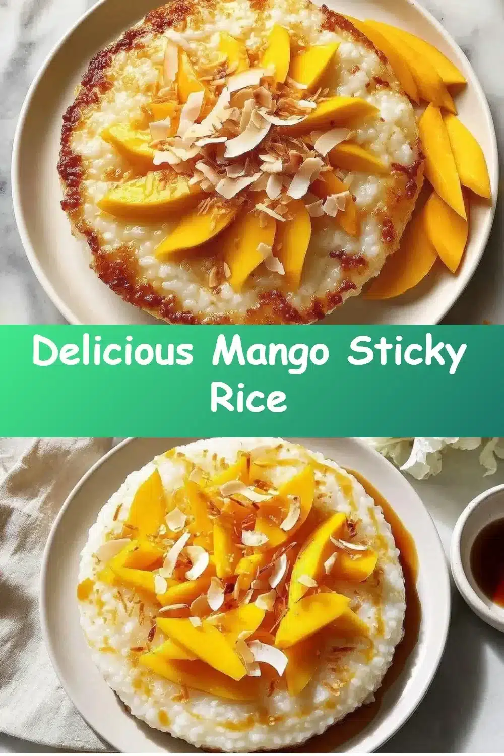Delicious mango sticky rice topped with fresh mango slices and coconut sauce