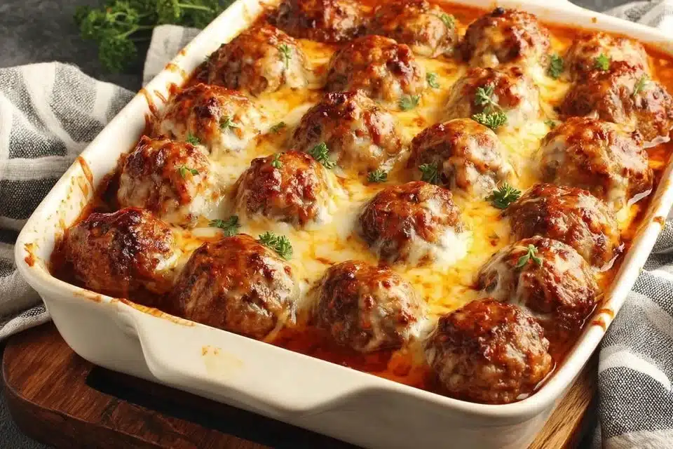 Delicious Dump-and-Bake Meatball Casserole with cheese and pasta in a baking dish.