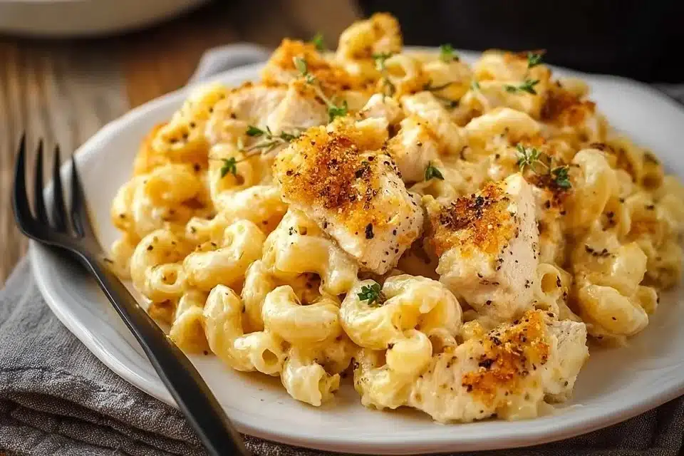 Freshly baked cheesy chicken pasta casserole with golden top