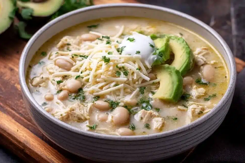 Creamy White Chicken Chili in a rustic bowl with toppings