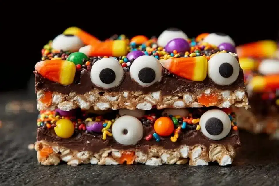 Colorful and festive Halloween Bark made with chocolate and candy