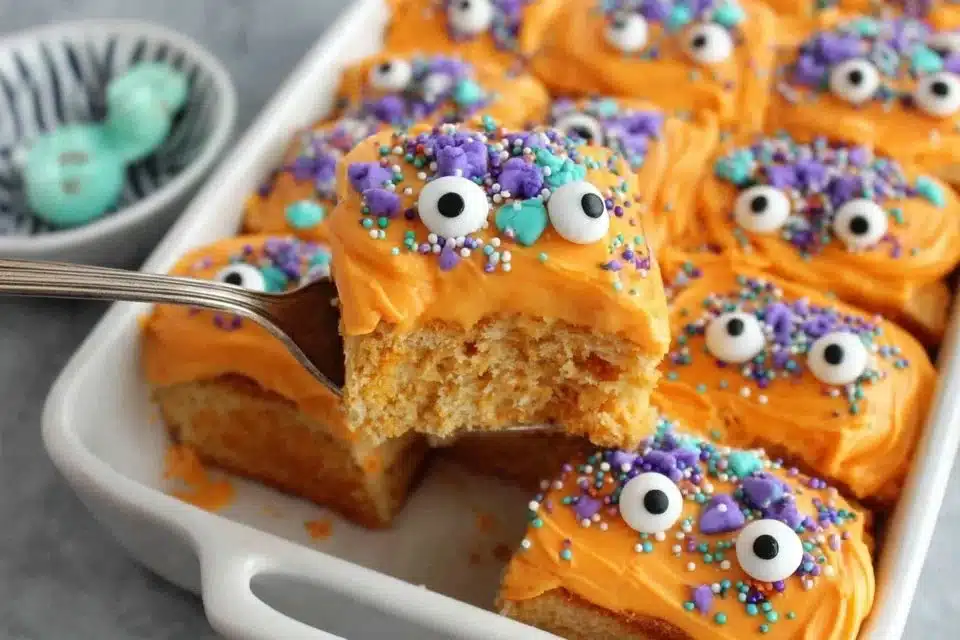 Easy Halloween cinnamon rolls with cream cheese frosting on a decorative plate.