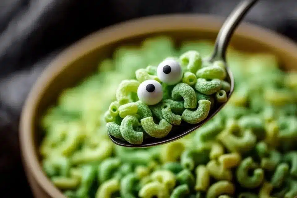 Colorful Halloween monster mac and cheese served in a bowl
