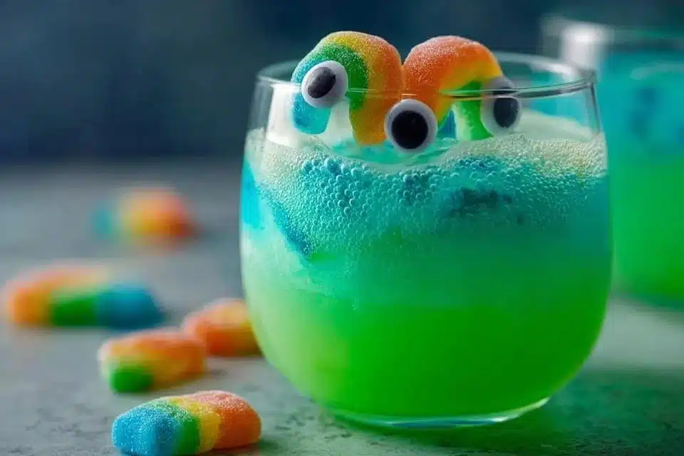 A vibrant Halloween punch in a spooky themed bowl garnished with fruit.