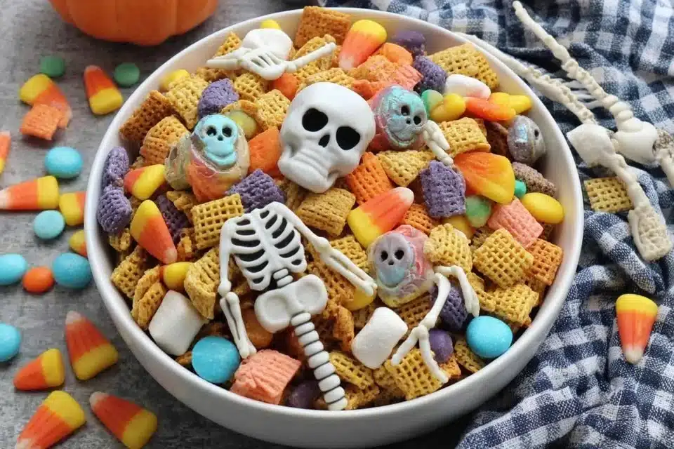 Bowl of colorful Halloween snack mix with candies and snacks.