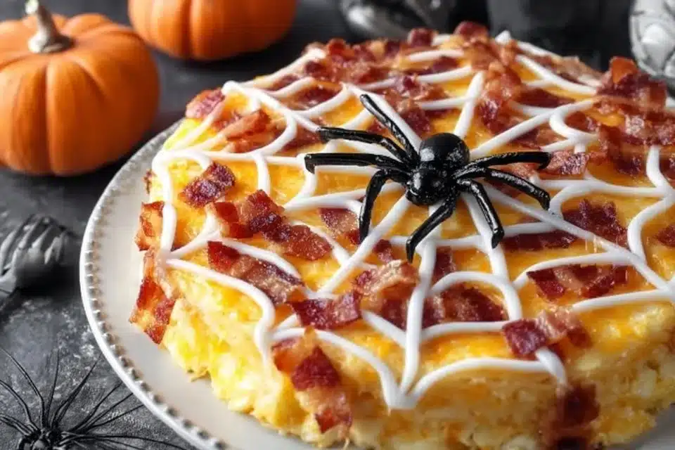 Easy loaded mashed potato casserole topped with bacon and cheese