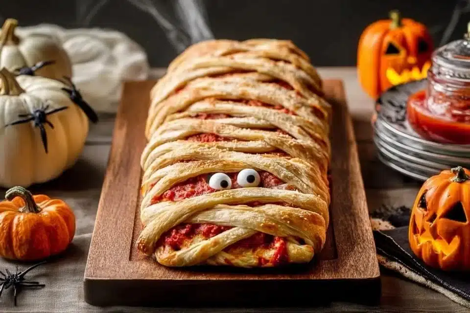 Easy Mummy Meatloaf recipe with fun garnishes for Halloween dinners.