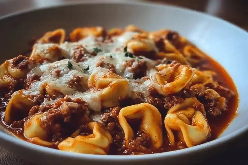 Easy One-Pan Beefy Tortellini Bake bubbling in skillet