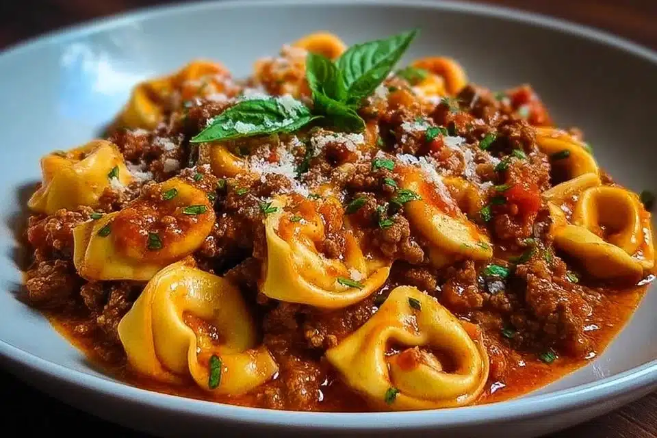 Beefy Tortellini Bake in ceramic baking dish with golden cheese