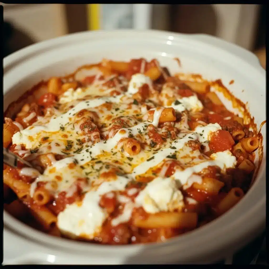 Delicious slow cooker baked ziti topped with melted cheese and fresh basil.