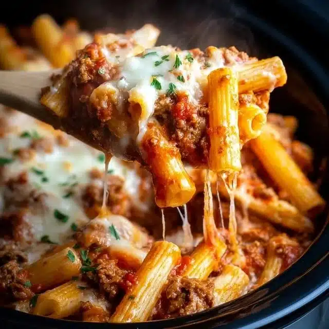 Delicious slow cooker baked ziti served with cheese and herbs