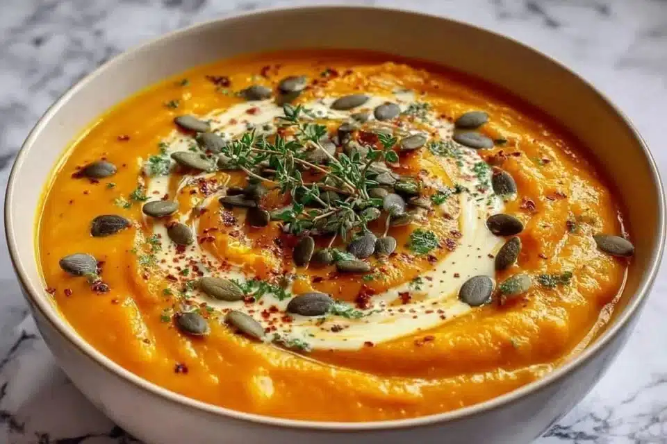 Bowl of easy spicy pumpkin soup topped with herbs and spices